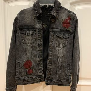 Denim Jacket With Red Roses Embroidered 